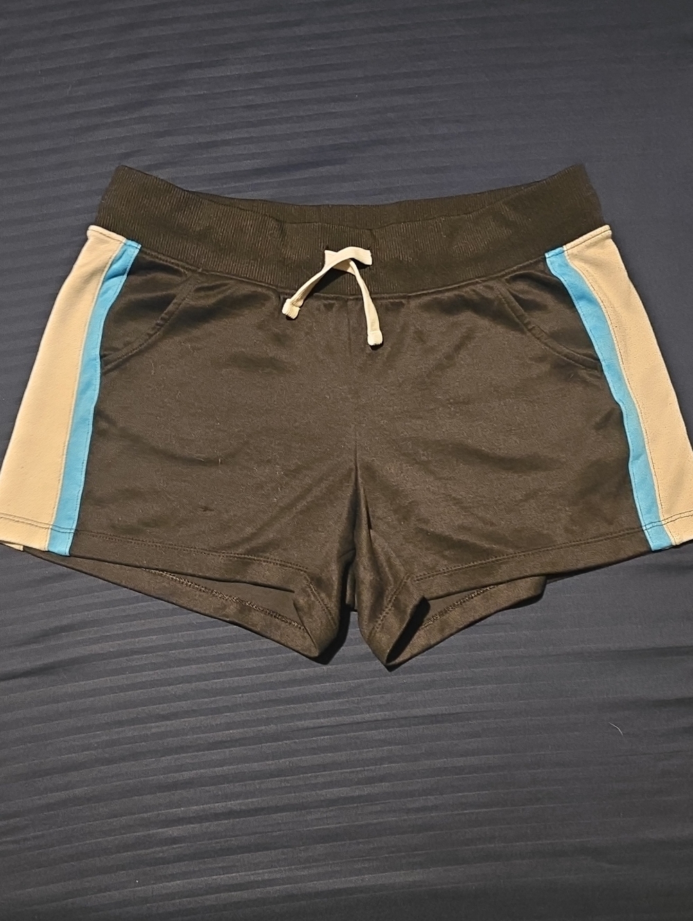 Avia Black Athletic Shorts with White Panels & Light Blue Stripes